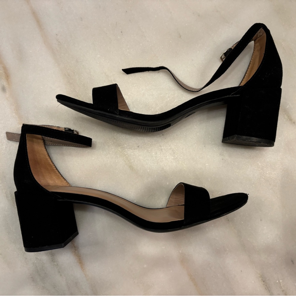 Sandals. Black suede with 2.5” block heal and ankle strap.